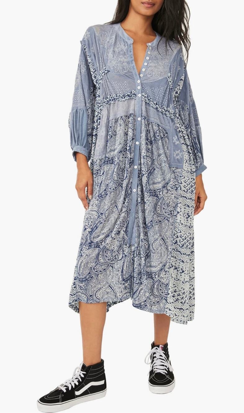 Free People Oh My Mix Print Long Sleeve Dress Duster Boho Midi Flowy Sundress XS